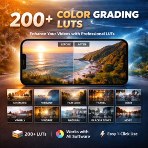 200 plus color grading LUTs pack with cinematic, vibrant, and film look presets for professional video editing