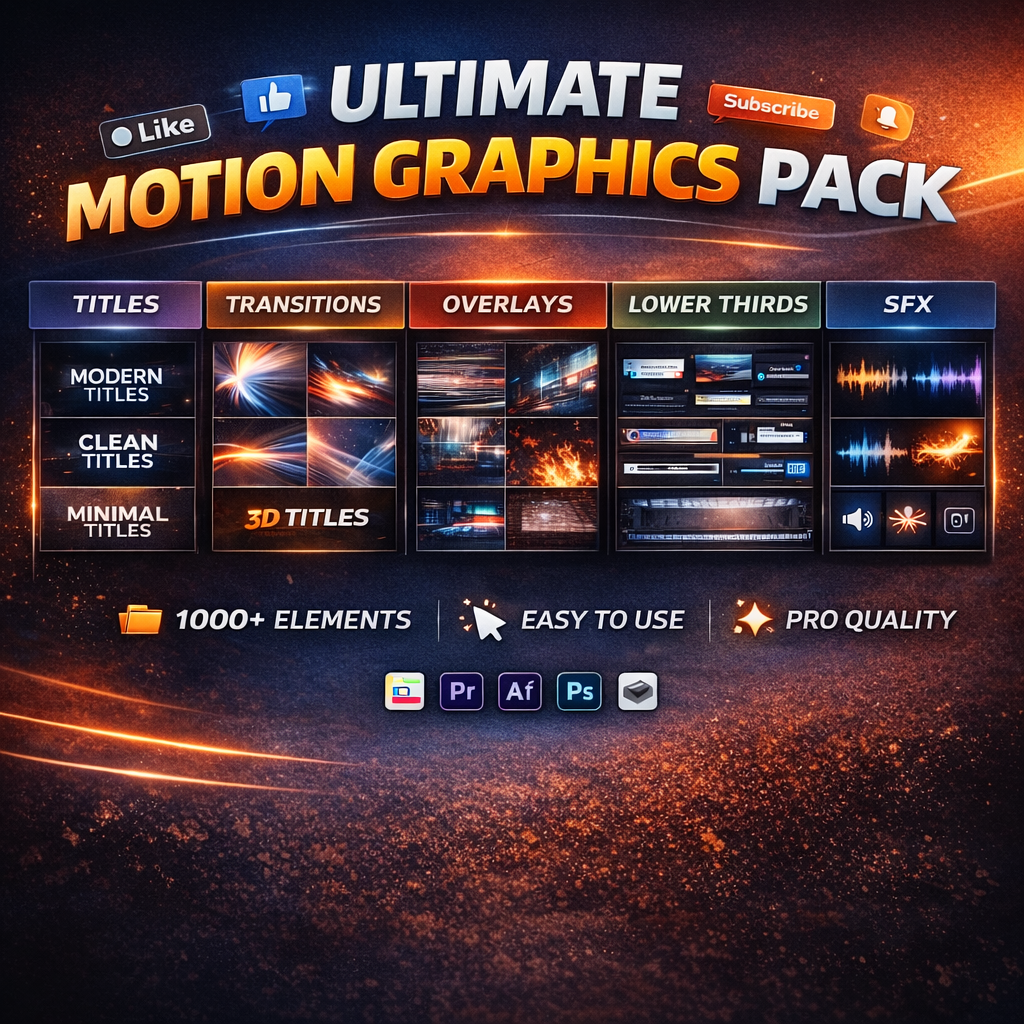 Motion graphics pack for video editing with transitions, overlays, and titles